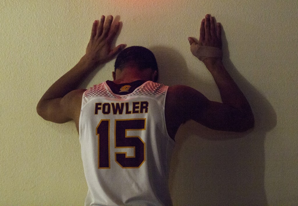 Central Michigan's Chris Fowler gathers himself before their game in McGuirk Arena, on the campus of Central Michigan University, Mt. Pleasant, Michigan, Saturday, February 21, 2015