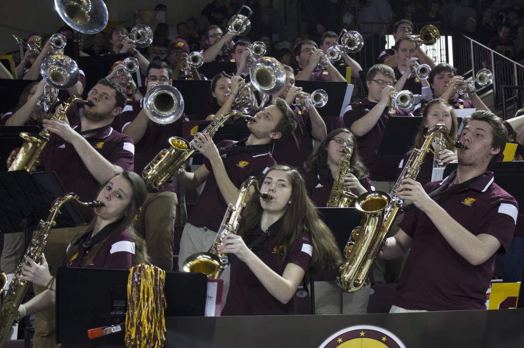 CMU marching bands plays during the game on saturday. The band often plays during lull in the action, and leads the crowd in cheers occasionally. (Photo I Max Barth) 