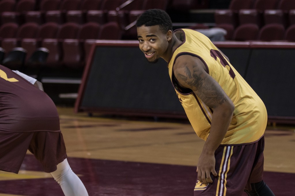 Marcus Keene smiles for the camera before the Maroon and Gold Scrimmage in McGuirk Arena, on the campus of Central Michigan University, Mt. Pleasant, MI, Saturday, October 17, 2015.