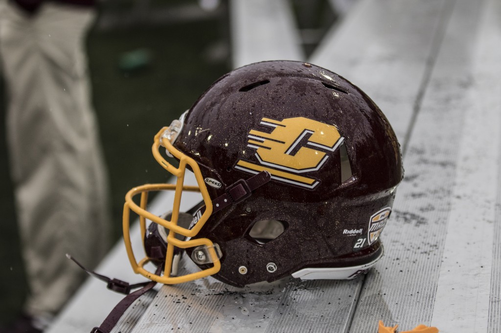 A CMU helmet sits on the bech during the football game against Northern Illinois University on the campus of Central Michigan University, Mt. Pleasant, MI, Sunday, October 3, 2015.