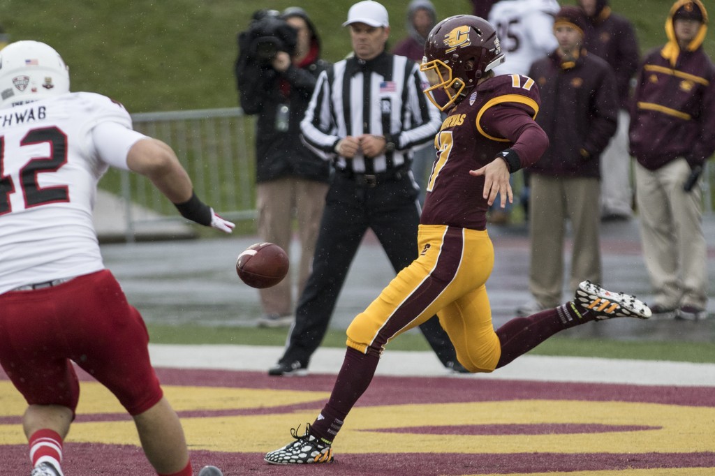 Ron Coluzzi,17, cocks back for a punt during the football game against Northern Illinois University on the campus of Central Michigan University, Mt. Pleasant, MI, Sunday, October 3, 2015.