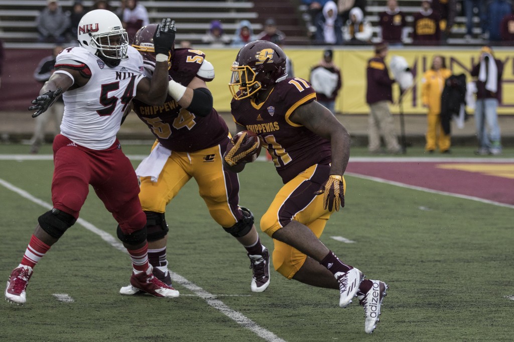 Jahray Hayes, 11, cuts up field during the football game against Northern Illinois University on the campus of Central Michigan University, Mt. Pleasant, MI, Sunday, October 3, 2015.