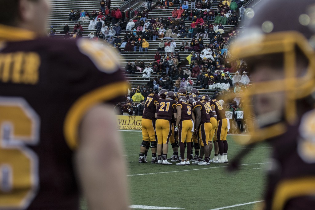 The Chippewa offense huddles during the football game against Northern Illinois University on the campus of Central Michigan University, Mt. Pleasant, MI, Sunday, October 3, 2015.