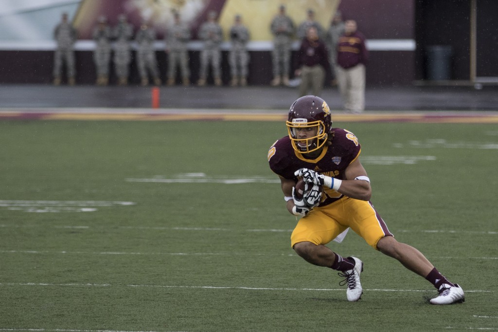 Anothony Rice, 80, makes a play up field during the football game against Northern Illinois University on the campus of Central Michigan University, Mt. Pleasant, MI, Sunday, October 3, 2015.