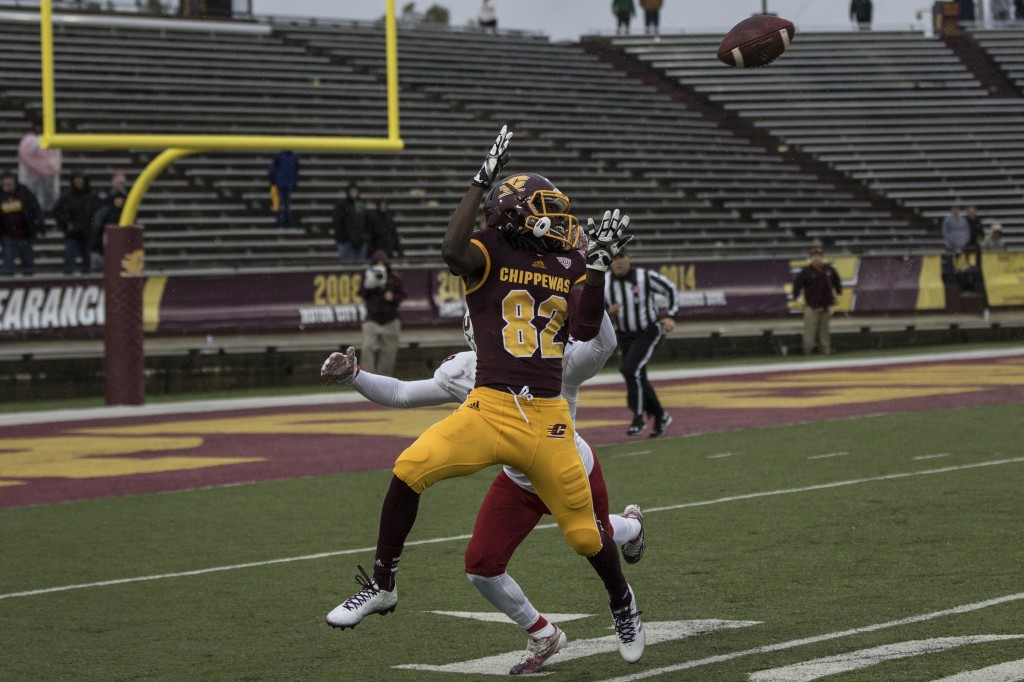 Corey Willis, 82, leaps for a catch during the football game against Northern Illinois University on the campus of Central Michigan University, Mt. Pleasant, MI, Sunday, October 3, 2015.