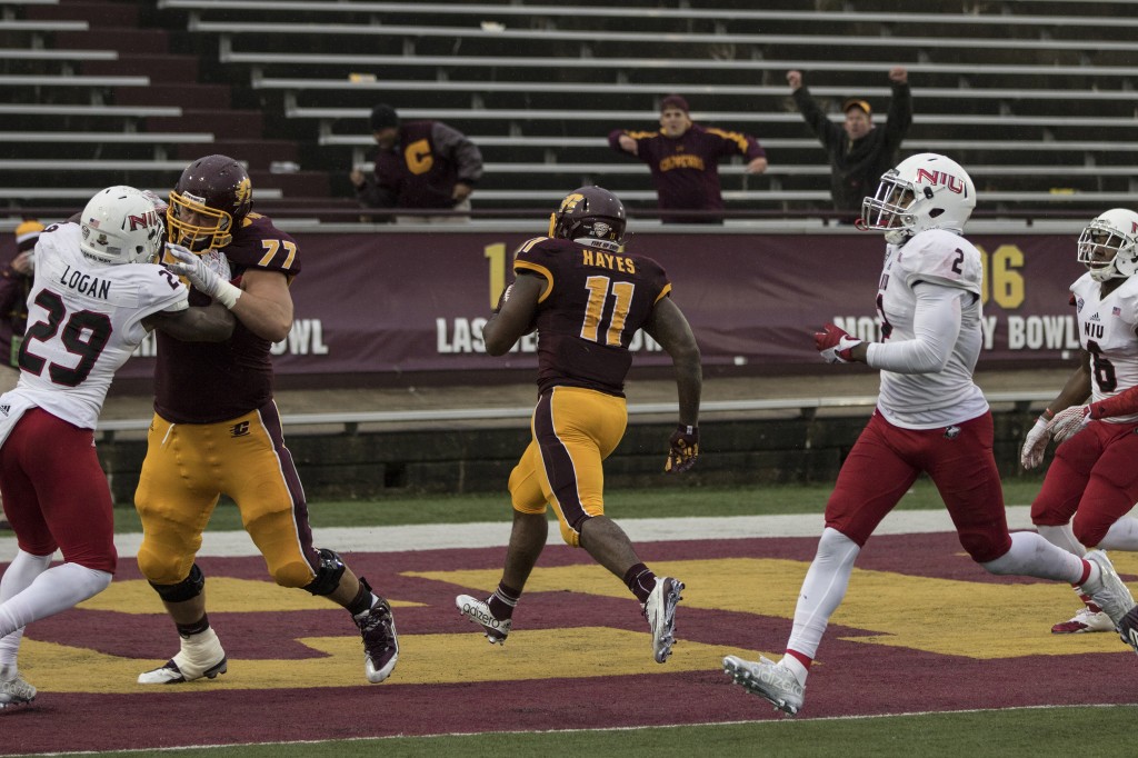 Jahray Hayes, 11, trots into the endzone during the football game against Northern Illinois University on the campus of Central Michigan University, Mt. Pleasant, MI, Sunday, October 3, 2015.