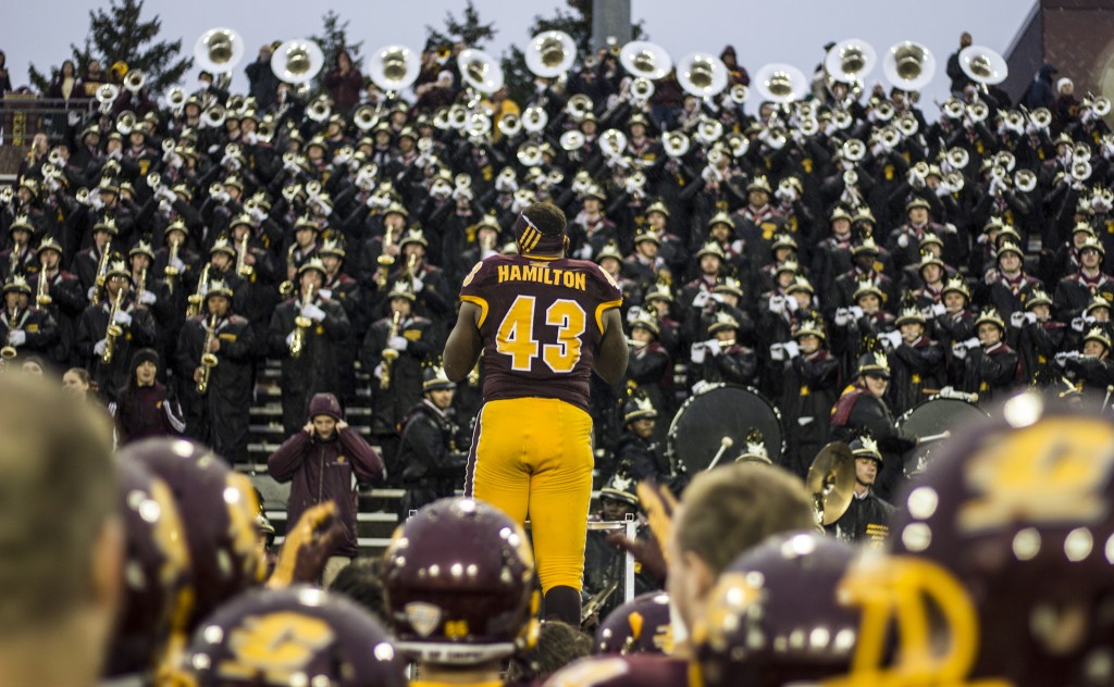 Tim Hamilton, 43, leads the band after the football game against Northern Illinois University on the campus of Central Michigan University, Mt. Pleasant, MI, Sunday, October 3, 2015.