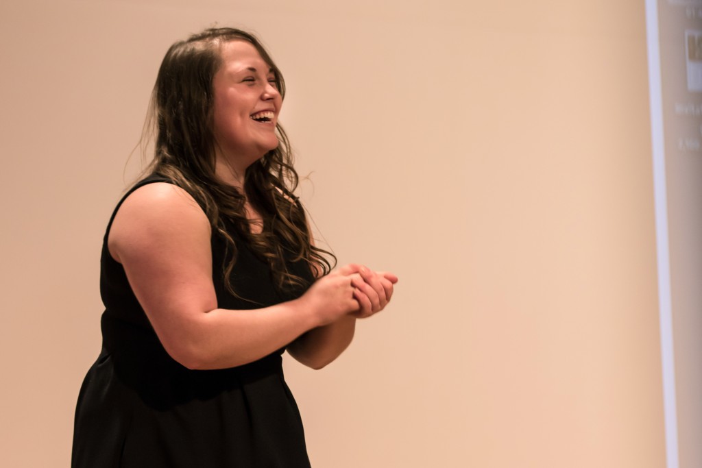 Kaytie Boomer laughs during the Fences presentation in the Park Library Auditorium on the campus of Central Michigan University, Mt. Pleasant, Michigan, Saturday, November 14, 2015.