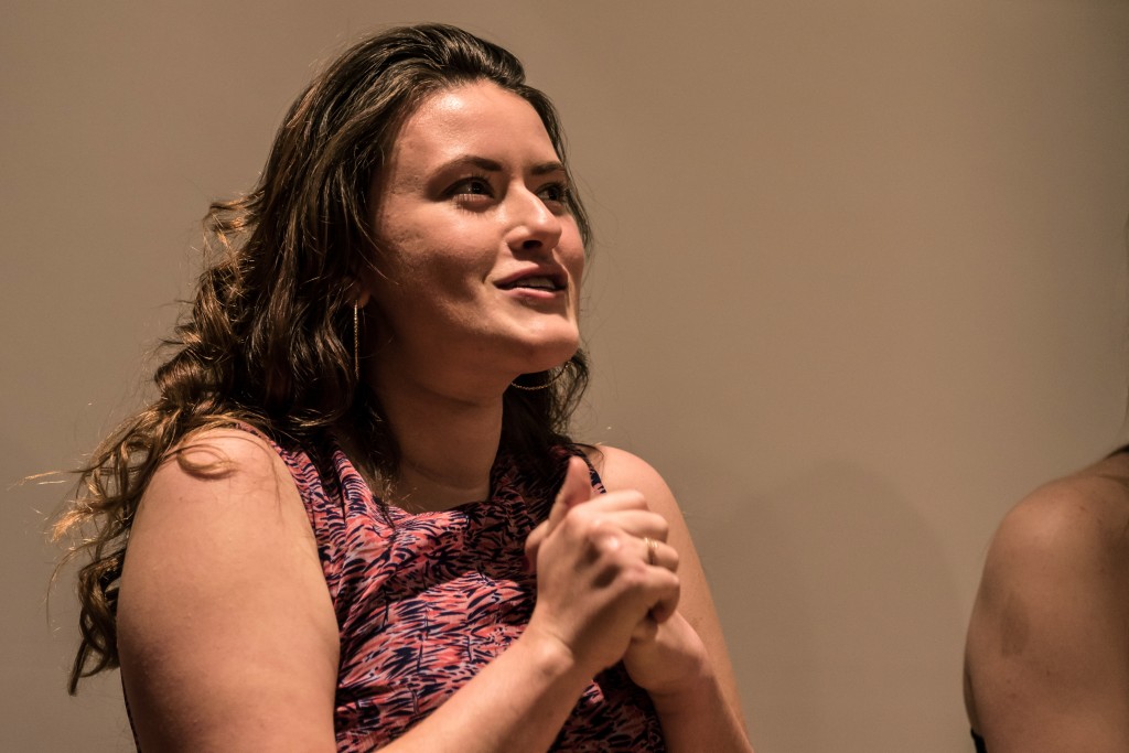 Emily Mesner reflects on her experience while answering a question from the audience during the Fences presentation in the Park Library Auditorium on the campus of Central Michigan University, Mt. Pleasant, Michigan, Saturday, November 14, 2015.
