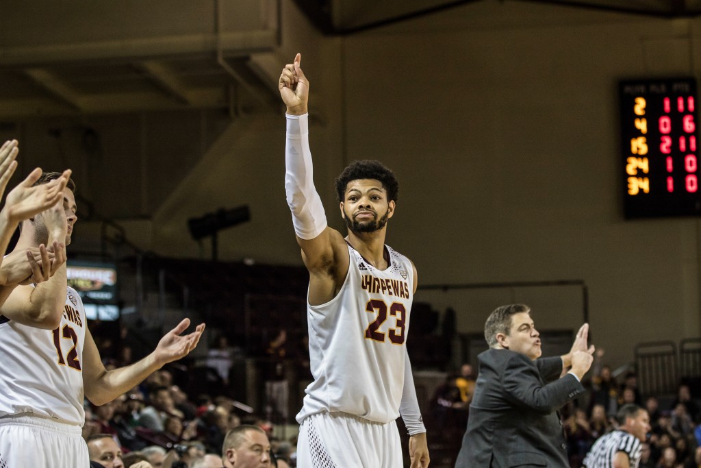 DaRohn Scott, 23, points to a teammate during the game against Ferris State University in McGuirk Arena on the campus of Central Michigan University, Mt. Pleasant, Michigan, Saturday, November 7, 2015.