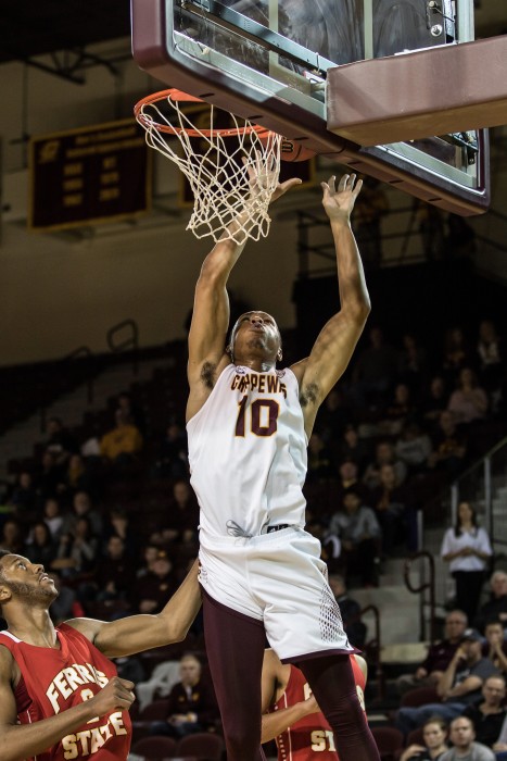 Austin Stewart, 10, goes up for a layup during the game against Ferris State University in McGuirk Arena on the campus of Central Michigan University, Mt. Pleasant, Michigan, Saturday, November 7, 2015.