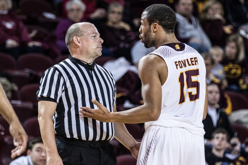 Chris Fowler, 15, argues with the ref after a call went against him during the game against Texas Southern University at McGuirk Arena on the campus of Central Michigan University, Mt. Pleasant, Michigan, Saturday, December 12, 2015. | Rich Drummond