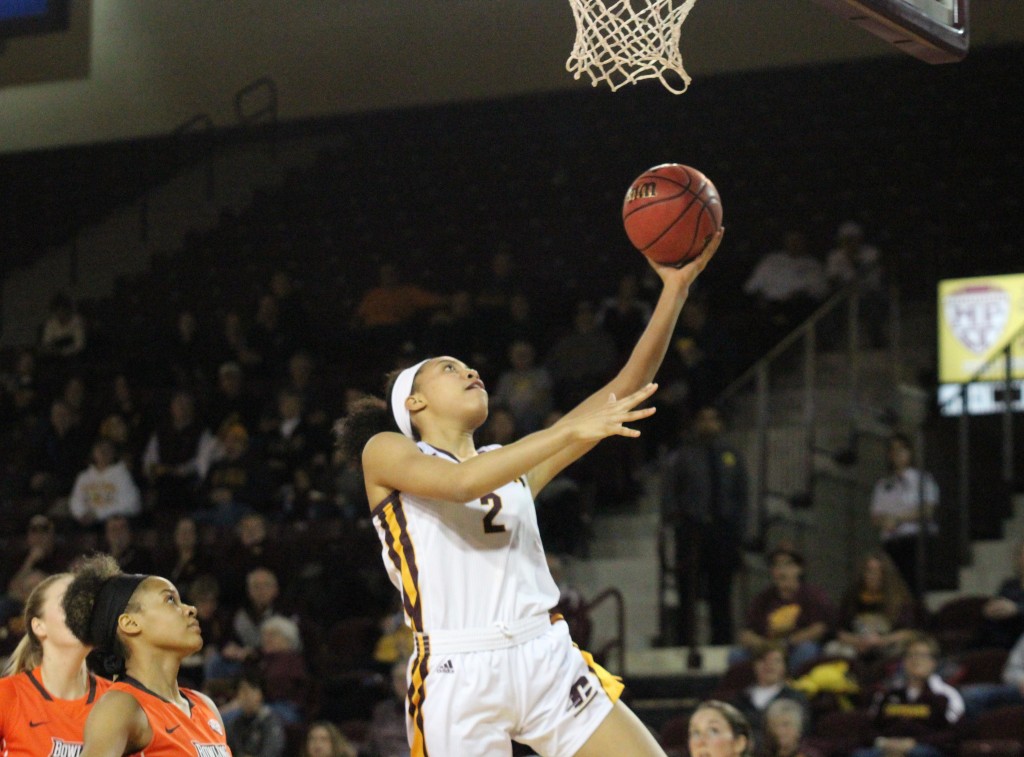 Forward Tinara Moore (2) goes up for a layup in the 76-75 win against Bowling Green at McGurick Arena on the campus of Central Michigan University on Feb. 6, 2016.